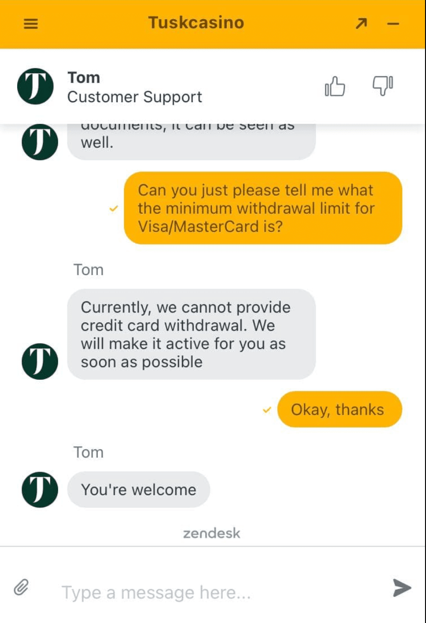 Customer support on tusk-casino