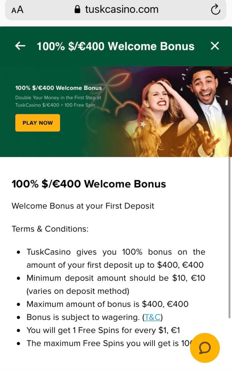 Tusk Casino Welcome bonus