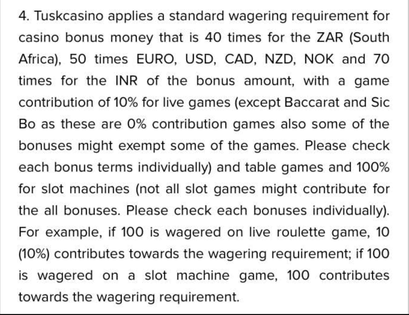 Wagering Requirements of Tusk Casino